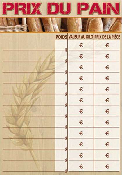 Image de TARIF PRIX DU PAIN BOULAN30X40