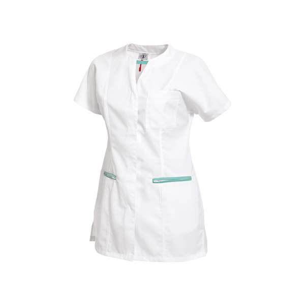 Image de TUNIQUE FEMME LOLITA MC POLY/COT 65%/35% BLANC-TURQUOISE T1